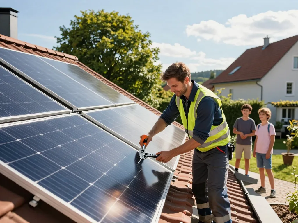 Photovoltaik Bayern Installation von Solarpanelen auf einem Familienhaus in Bayern, das umweltfreundliche Energielösungen zeigt.