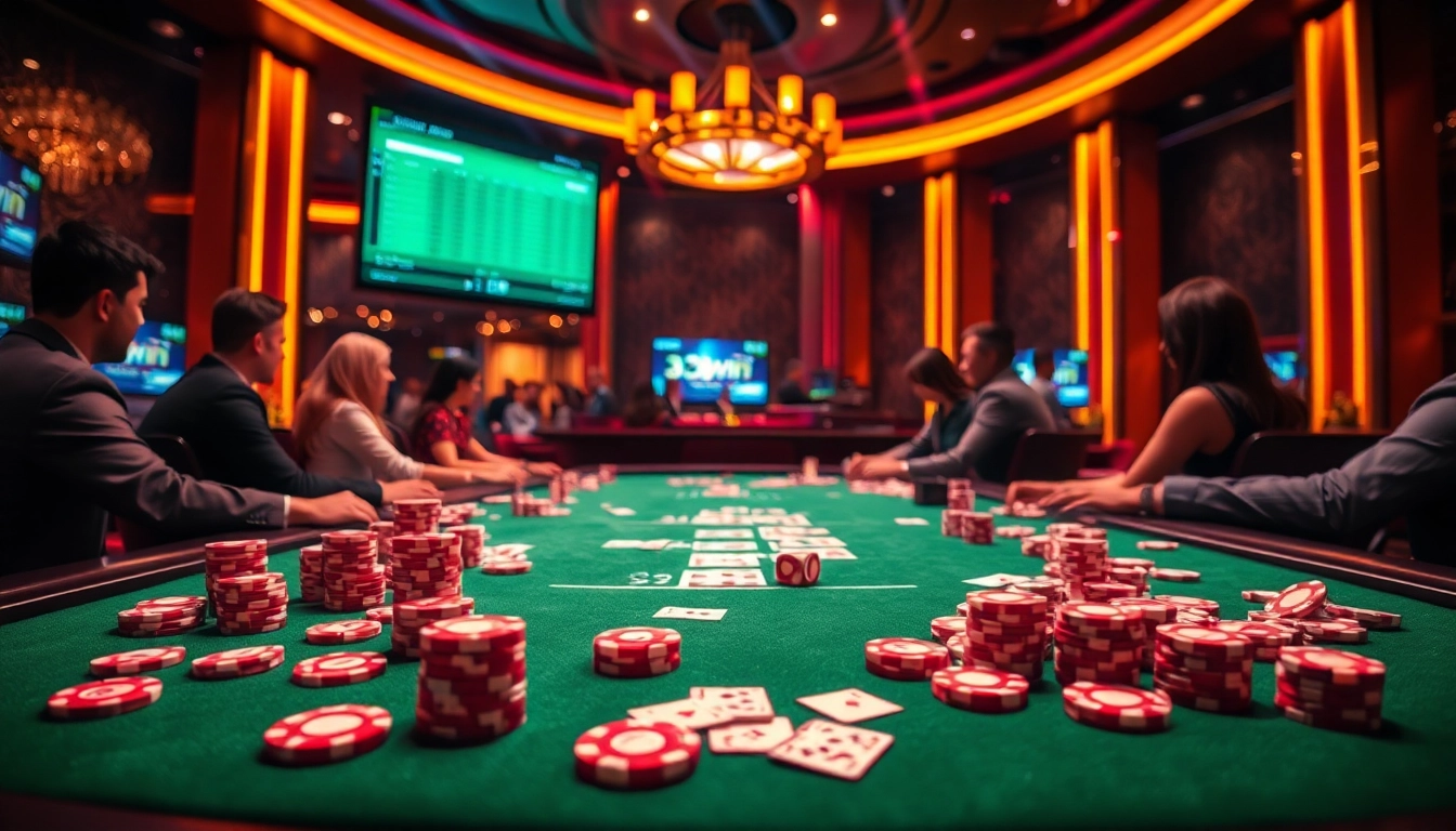 Players engaging in dynamic casino action at 33win, showcasing poker chips and cards on a vibrant gambling table.