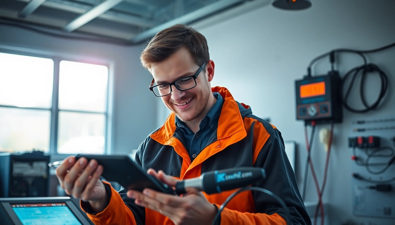 Techniker führt eine DGUV V3 Prüfung an elektrischen Geräten durch und sorgt für Sicherheit am Arbeitsplatz.