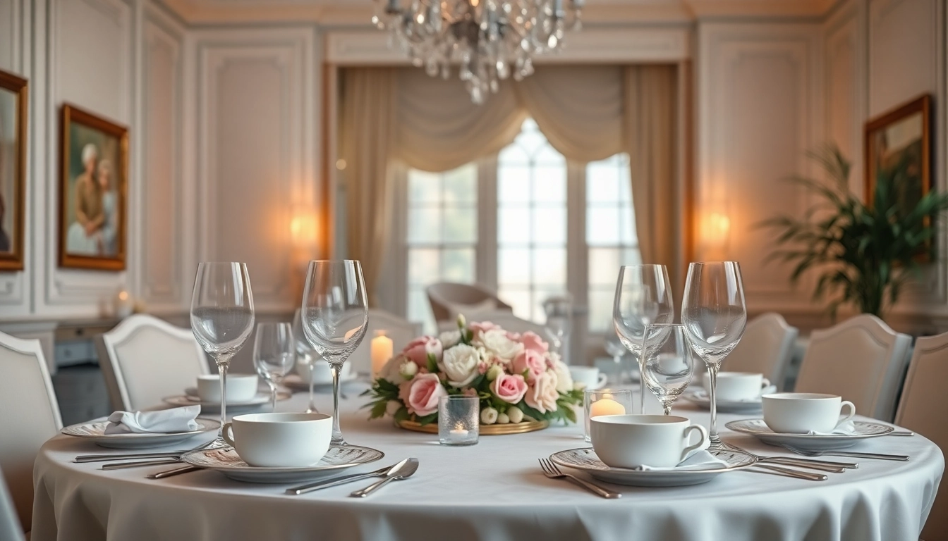 Experience luxury dining with an elegantly set table featuring fine china and crystal glassware.