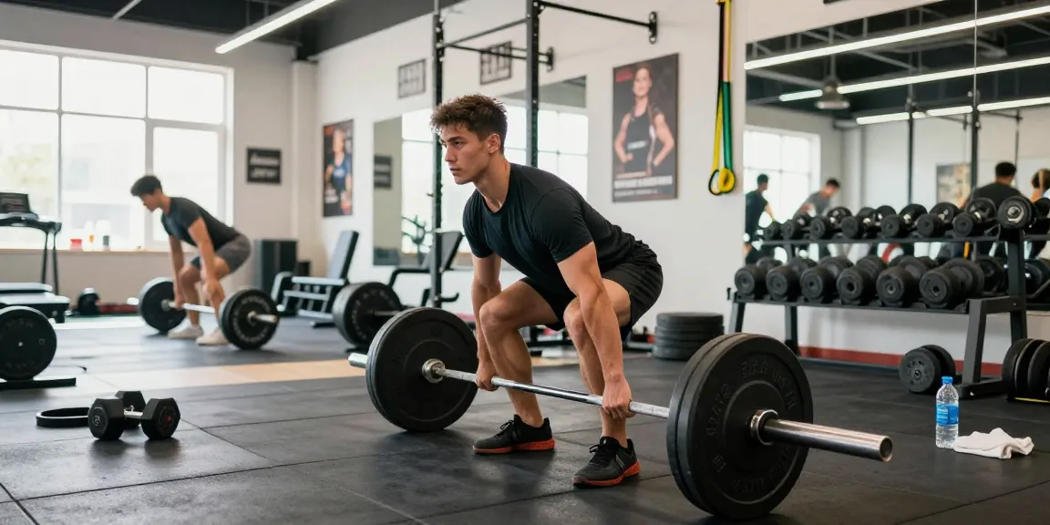 Ein Mann hebt Gewichte in einem hellen Fitnessstudio, das den Anabolika Shop Deutschland hervorhebt und das Krafttraining betont.