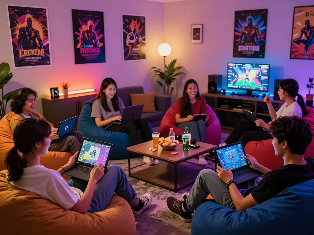 Engaged players enjoying a sex game online in a vibrant gaming lounge.