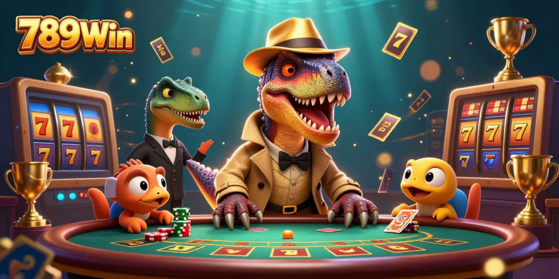 Engage with 789Win at a dynamic blackjack table featuring cartoon dinosaurs in a playful casino scene.