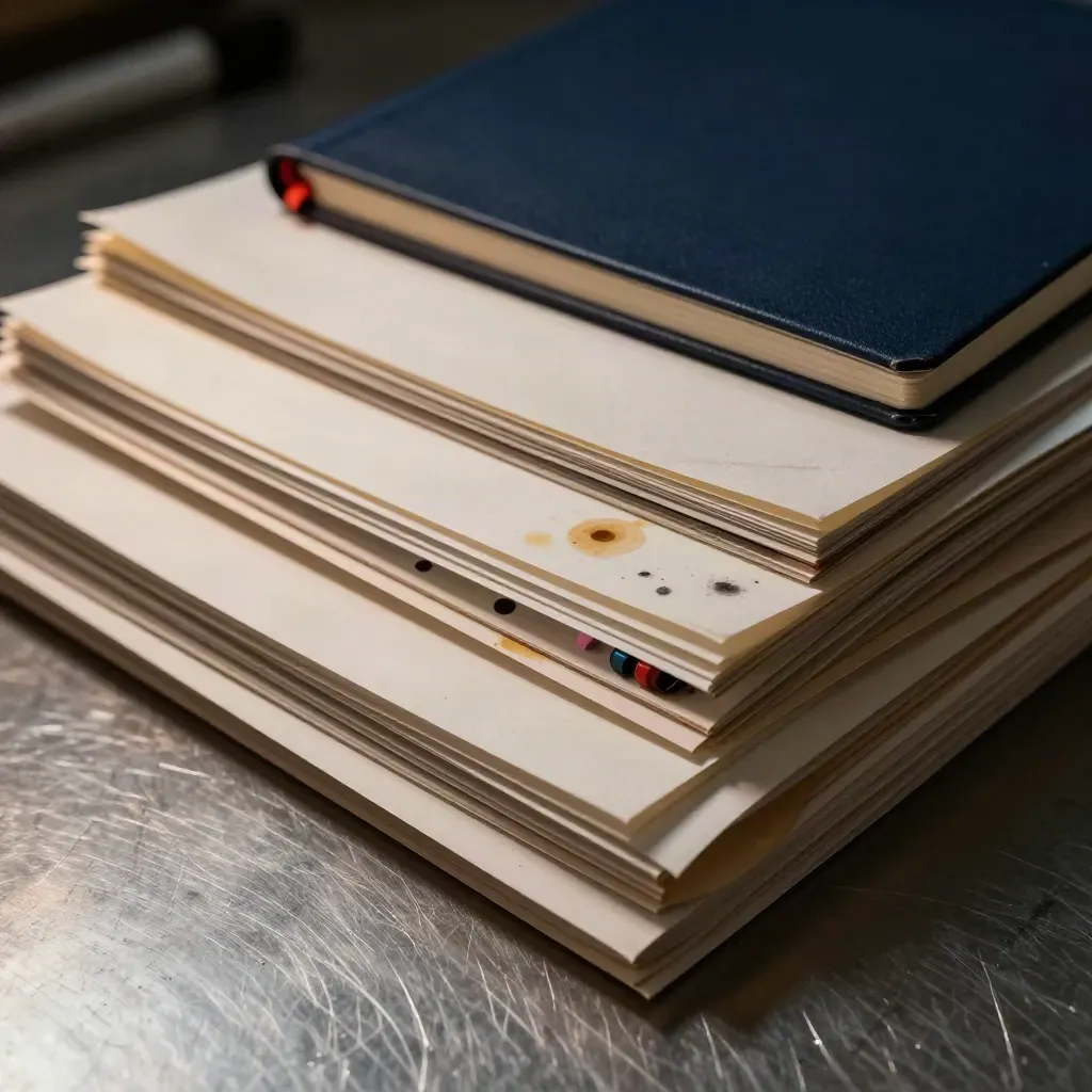 Extremes Makro eines Redaktionspults mit Korrekturabzügen, Markern, Kaffeeringen und navyfarbenem Notebook.