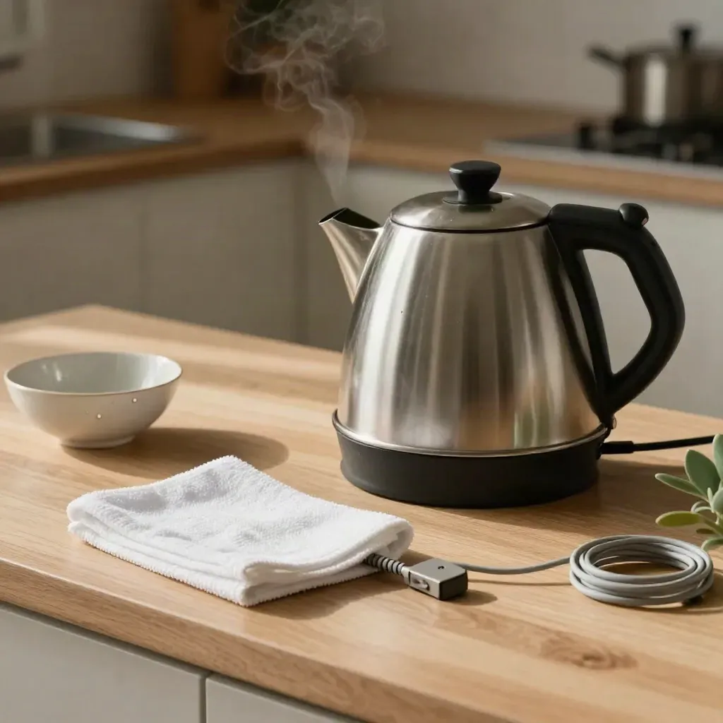 Aufgeräumte Haushaltsarbeitsfläche mit Wasserkocher, Tuch, Schale und kleiner Pflanze.