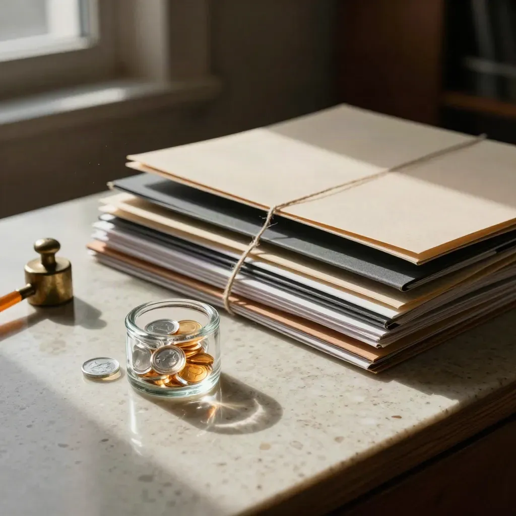Nachtarbeitstisch mit Glasmarken, Ordnern, Gewichten und Papierbündeln im warmen Licht.