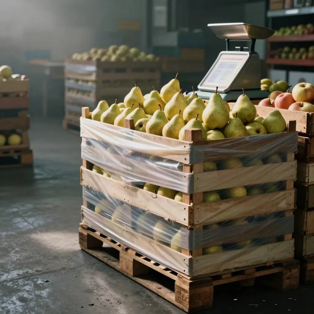 Obstkisten im Großmarkt, Folie weht, Waage unscharf im Morgenlicht.