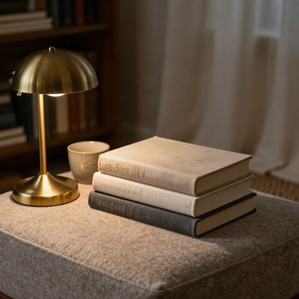 Drei Hardcover-Bücher, Leselampe und Keramiktasse auf einem Wollhocker im Abendlicht.