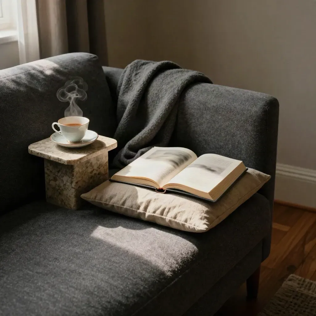 Gemütliche Leseecke mit Sessel, Decke, Teetasse und offenem Buch im warmen Licht.