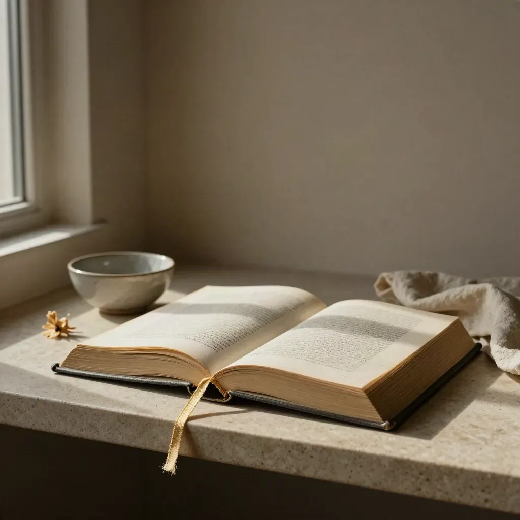 Offenes Hardcover-Buch mit Schale, Trockenblüte und Tuch auf hellem Steinsims.