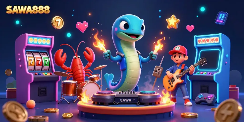 Experience winning strategies at SAWA888's vibrant underwater casino stage featuring an electric eel DJ.