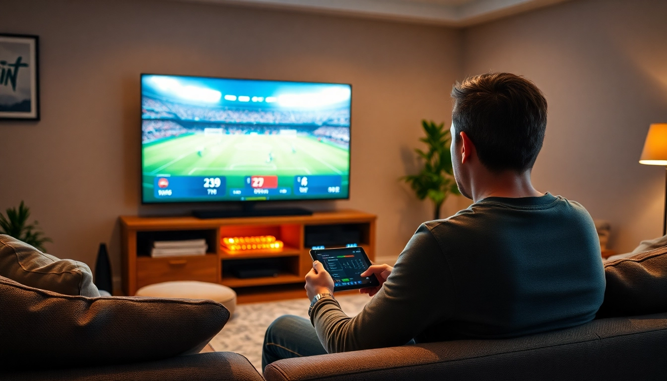 Wettspieler platziert aufregende sportwetten ohne limit im modernen Wohnzimmer.