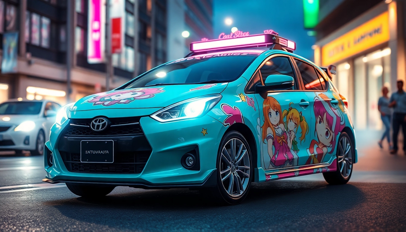 Gestalte ein Itasha-Auto, das durch lebendige Anime-Designs und knallige Farben ins Auge sticht.