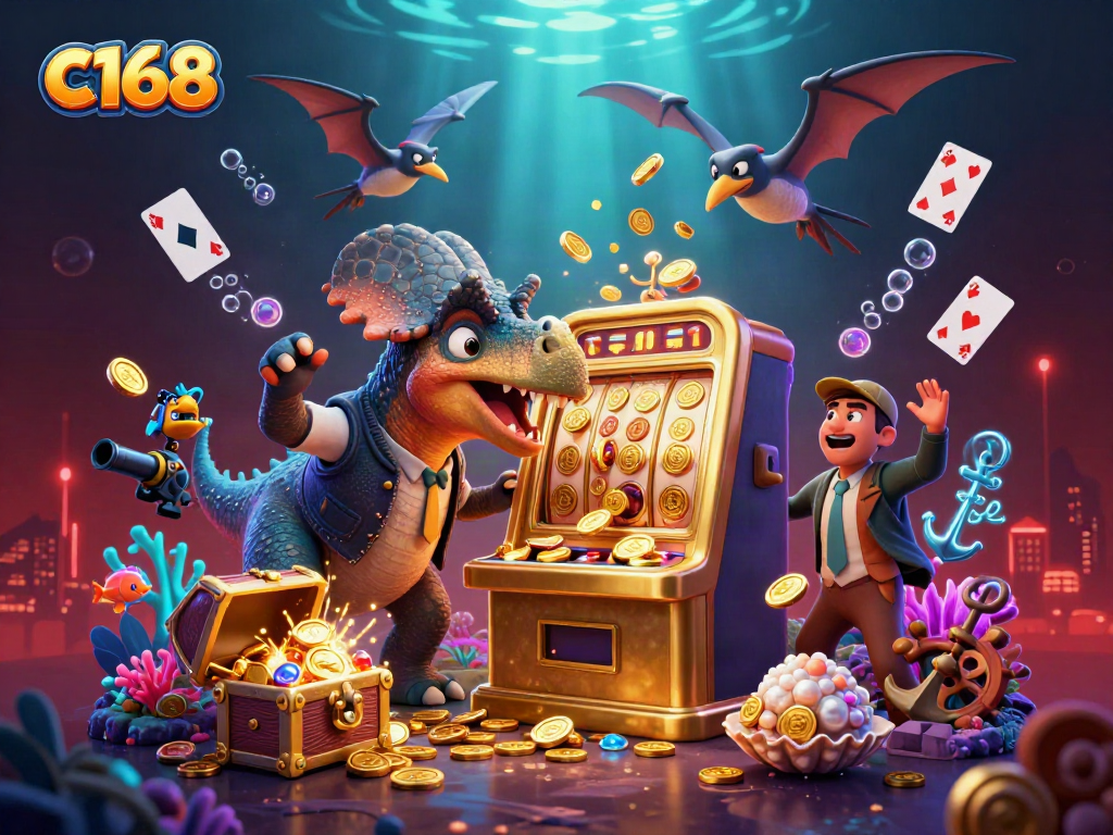 Win big with c168 as cartoon dinosaurs create a jackpot scene in a vibrant casino world.