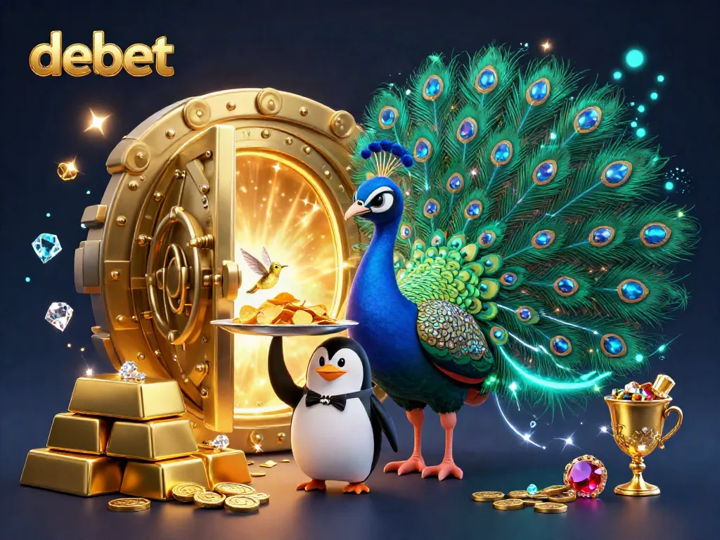 Place bets at the debet online casino, featuring a vibrant scene with a peacock and sparkling treasures.