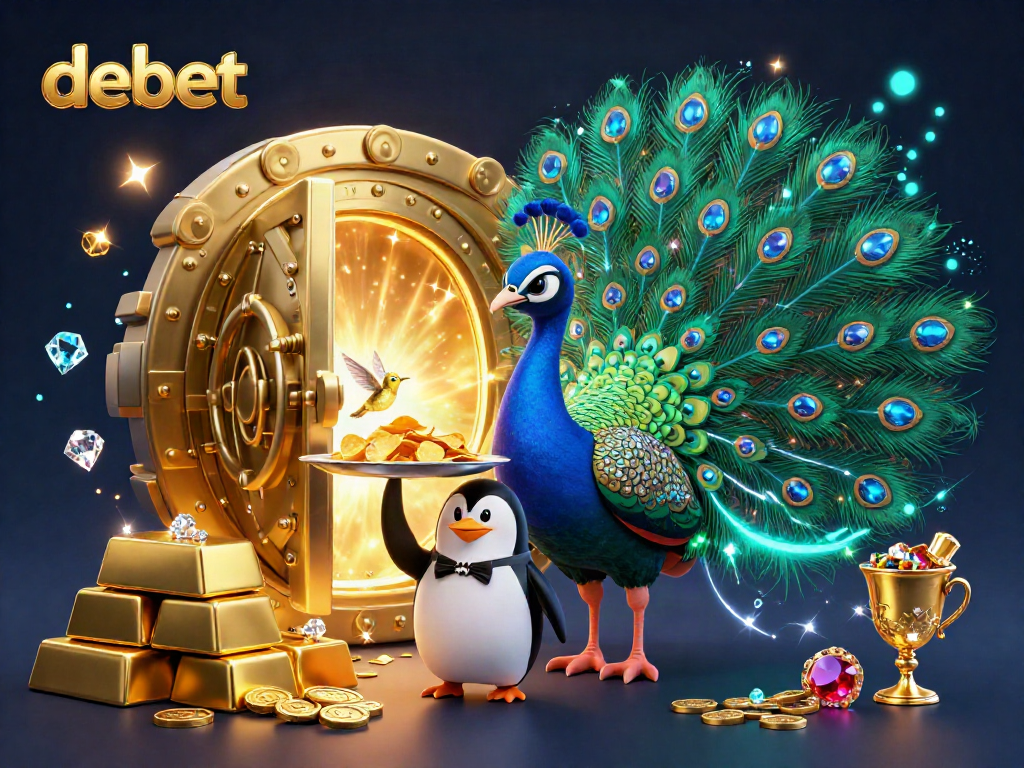 Place bets at the debet online casino, featuring a vibrant scene with a peacock and sparkling treasures.