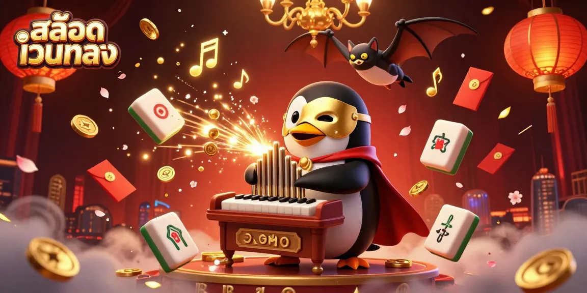 Experience the thrill of สล็อตเว็บตรง with a 3D phantom penguin and golden coins in a vibrant atmosphere.