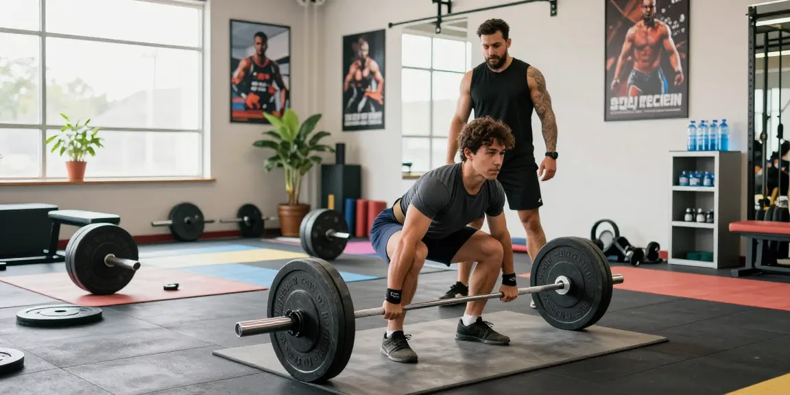 Anabolika Shop athlete performing deadlifts in a vibrant gym, showcasing strength and dedication with weights and an encouraging atmosphere.