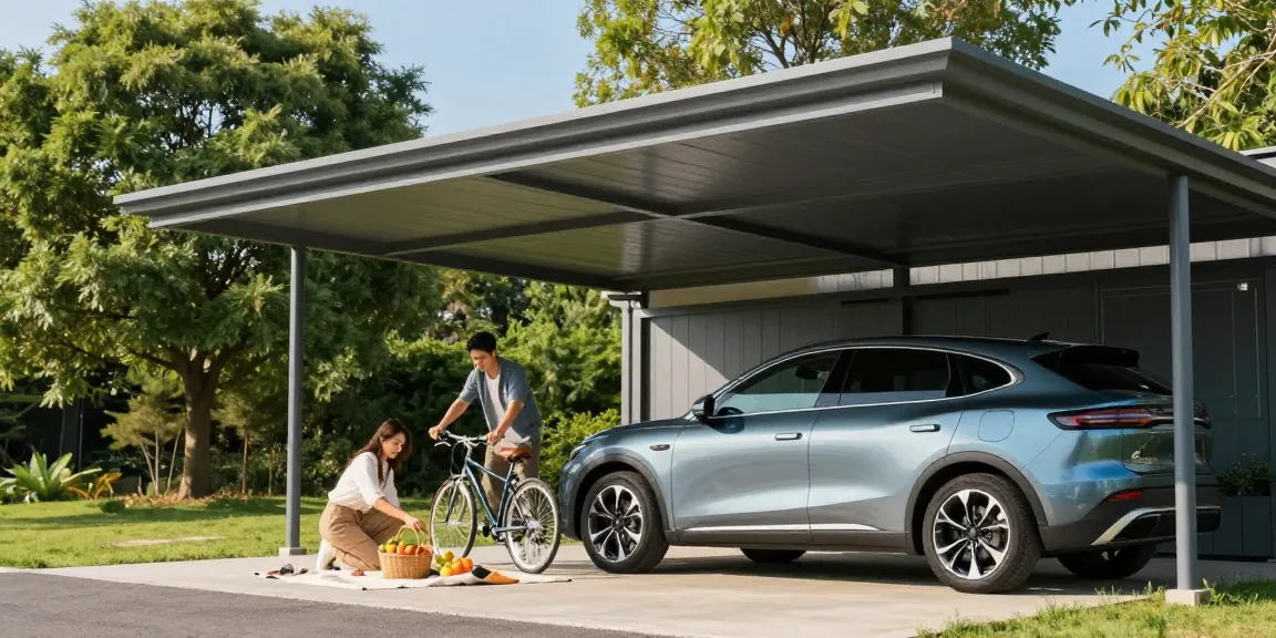 Moderne Carport-Szene mit einem Paar, das unter dem Carport einen Picknickkorb und ein Fahrrad zusammenstellt.