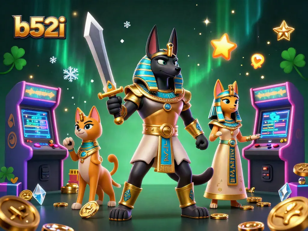 Engage in thrilling gaming action with b52i, showcasing Egyptian warriors and vibrant casino elements.