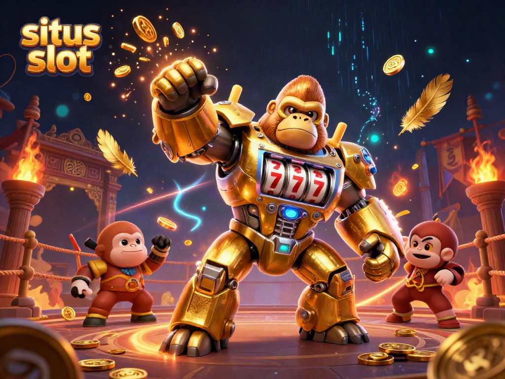 Experience the excitement of situs slot with a golden gorilla mech amidst dynamic casino elements.