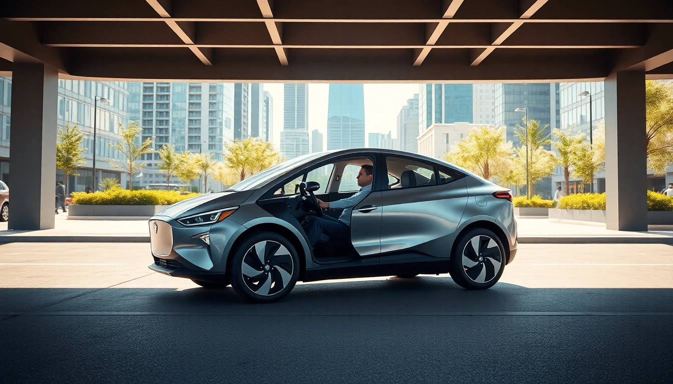 Elektroautos fahren durch eine moderne Stadtlandschaft mit nachhaltiger Technologie.