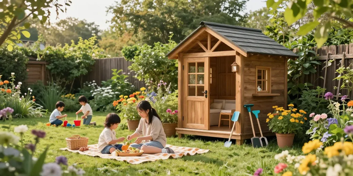 Entspannender Garten mit einem schönen Gartenhaus aus Holz, ideal für Familienaktivitäten.