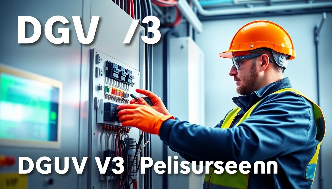 Technician conducting a DGUV V3 Prüfung on electrical equipment with safety gear and tools in a bright setting.