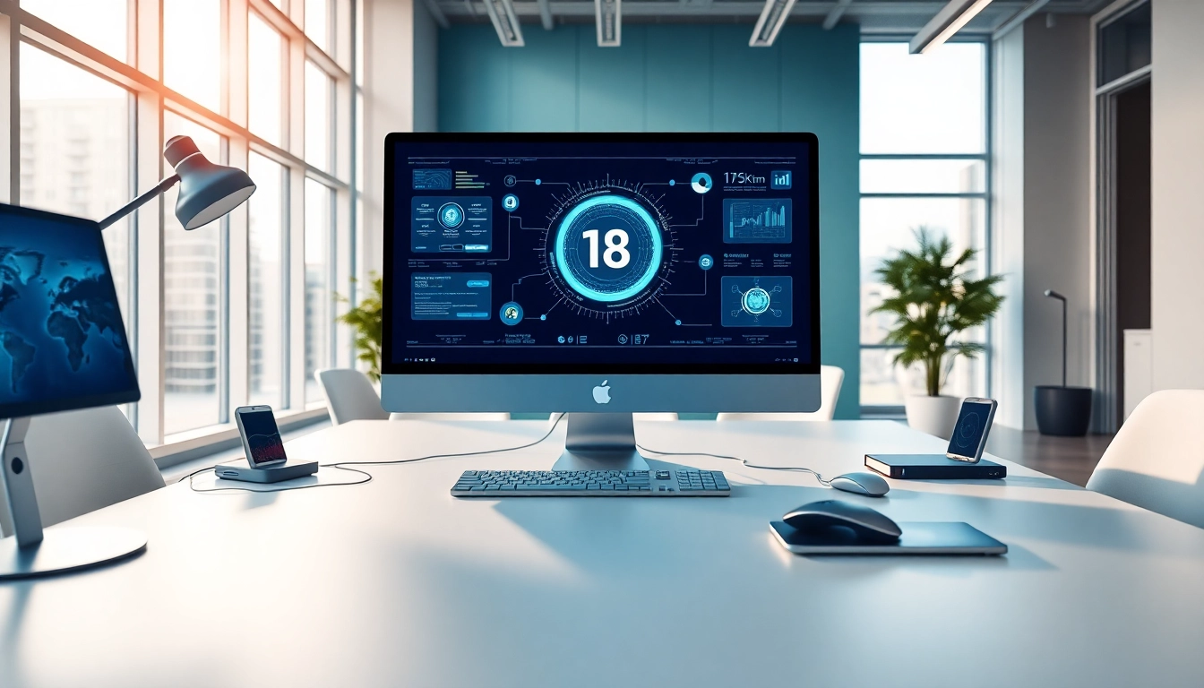 Professional digital workspace showcasing 18+ ai technologies in a modern office.