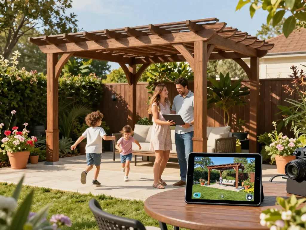 Pergola Konfigurator 3D in Aktion, während eine Familie mit einem Tablet interagiert und ein digitales Gestaltungserlebnis im Freien zeigt.