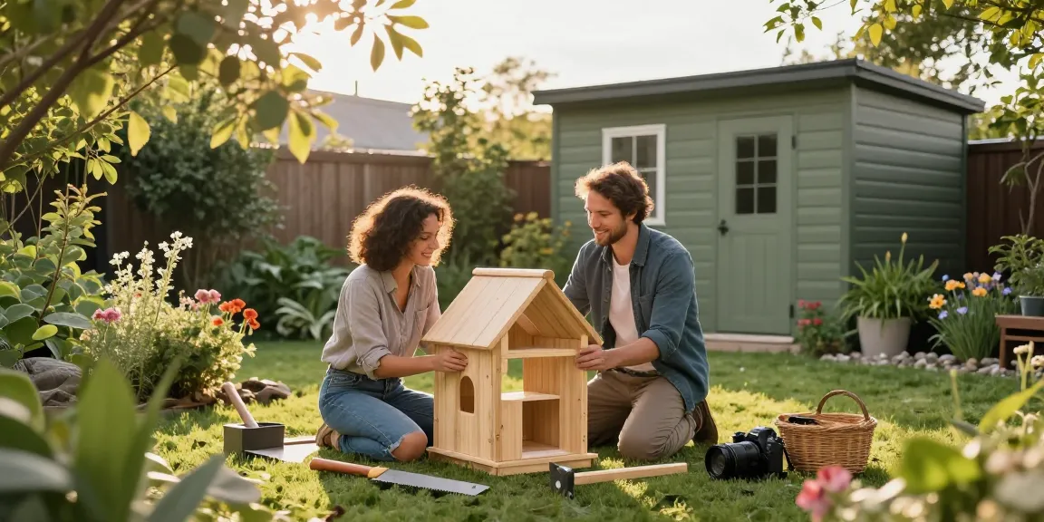 Gartenhaus kaufen: Paar beim Aufbau eines Holz-Gartenhauses im sonnigen Garten.
