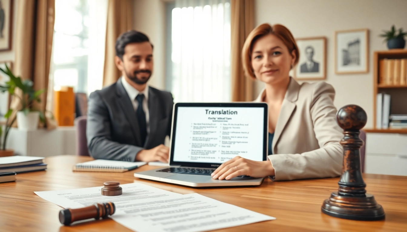 Professionelle Arbeitsumgebung mit einem zertifizierten Übersetzer (beglaubigte Übersetzer), der an offiziellen Dokumenten arbeitet und Übersetzungswerkzeuge verwendet.