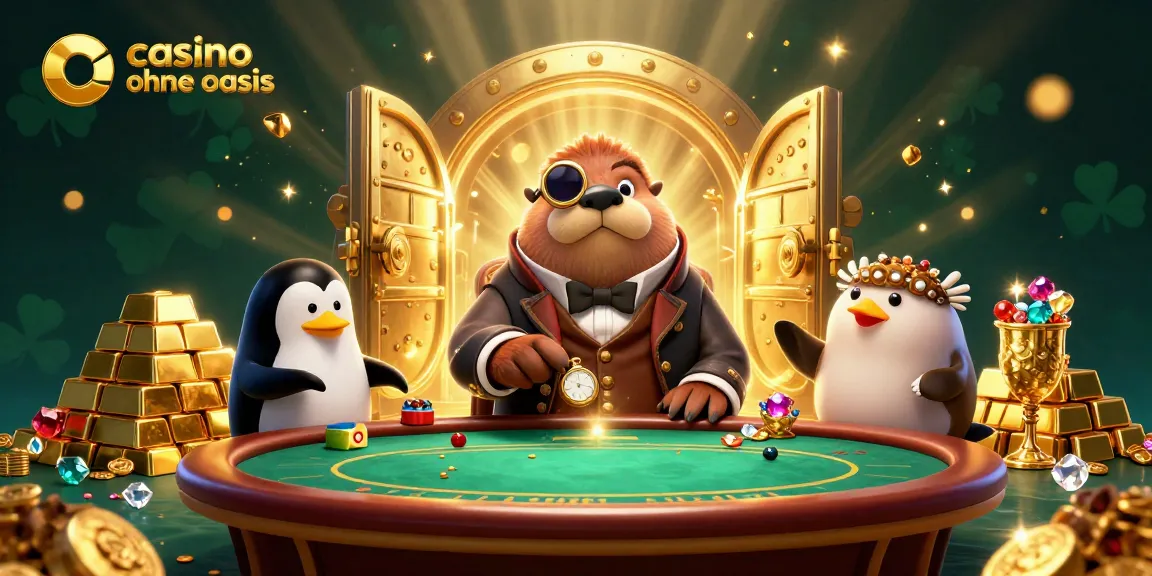 Play poker in a vibrant underwater scene at casino ohne oasis featuring a walrus, a penguin dealer, and a pufferfish.