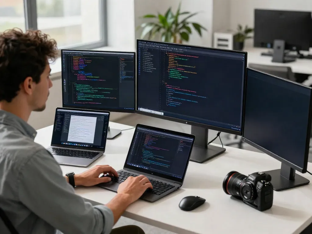 Developer coding at a desk with dual monitors, showcasing LLM API provider integration in a modern workspace.