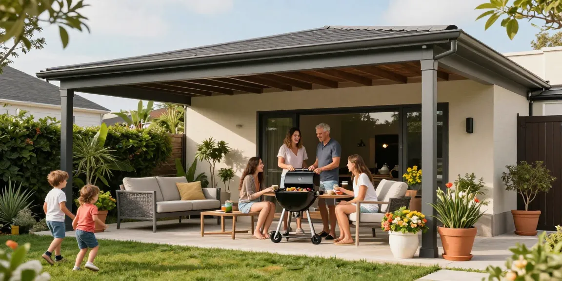 Freistehende Terrassenüberdachung mit Familie beim Grillen im Garten.
