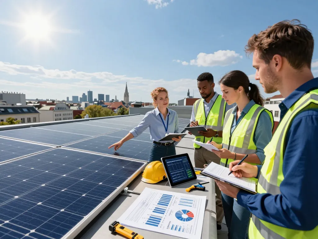 Diskussion über Solarpanels von Solar Wien auf einem Wiener Dach, die Teamarbeit und Nachhaltigkeit zeigt.