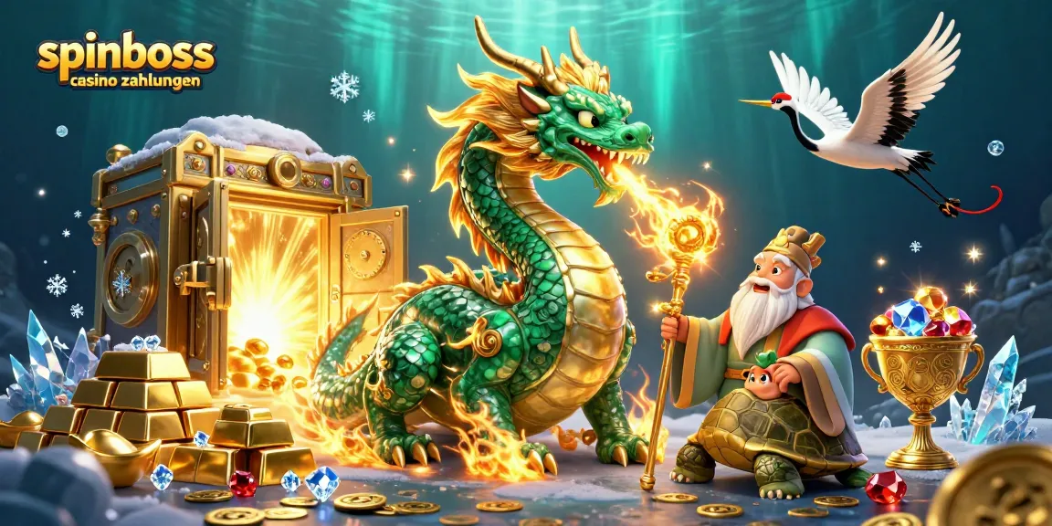Spielen Sie bei SpinBoss Casino Zahlungen, während ein Drache Goldfeuer atmet und Glücksbringer tanzen.