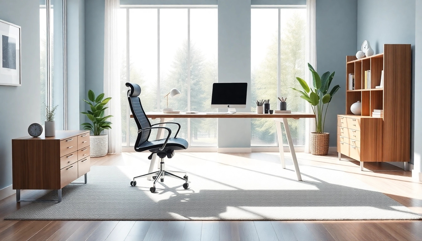 Ergonomic Büromöbel in einer stilvollen Büroeinrichtung mit natürlichem Licht.