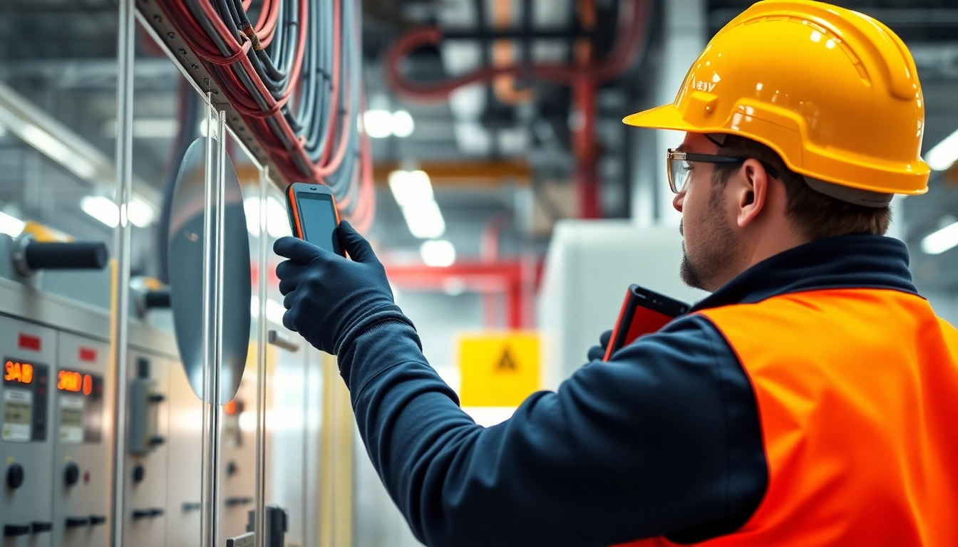 Technician performing a check on electrical equipment during a DGUV V3 safety inspection.