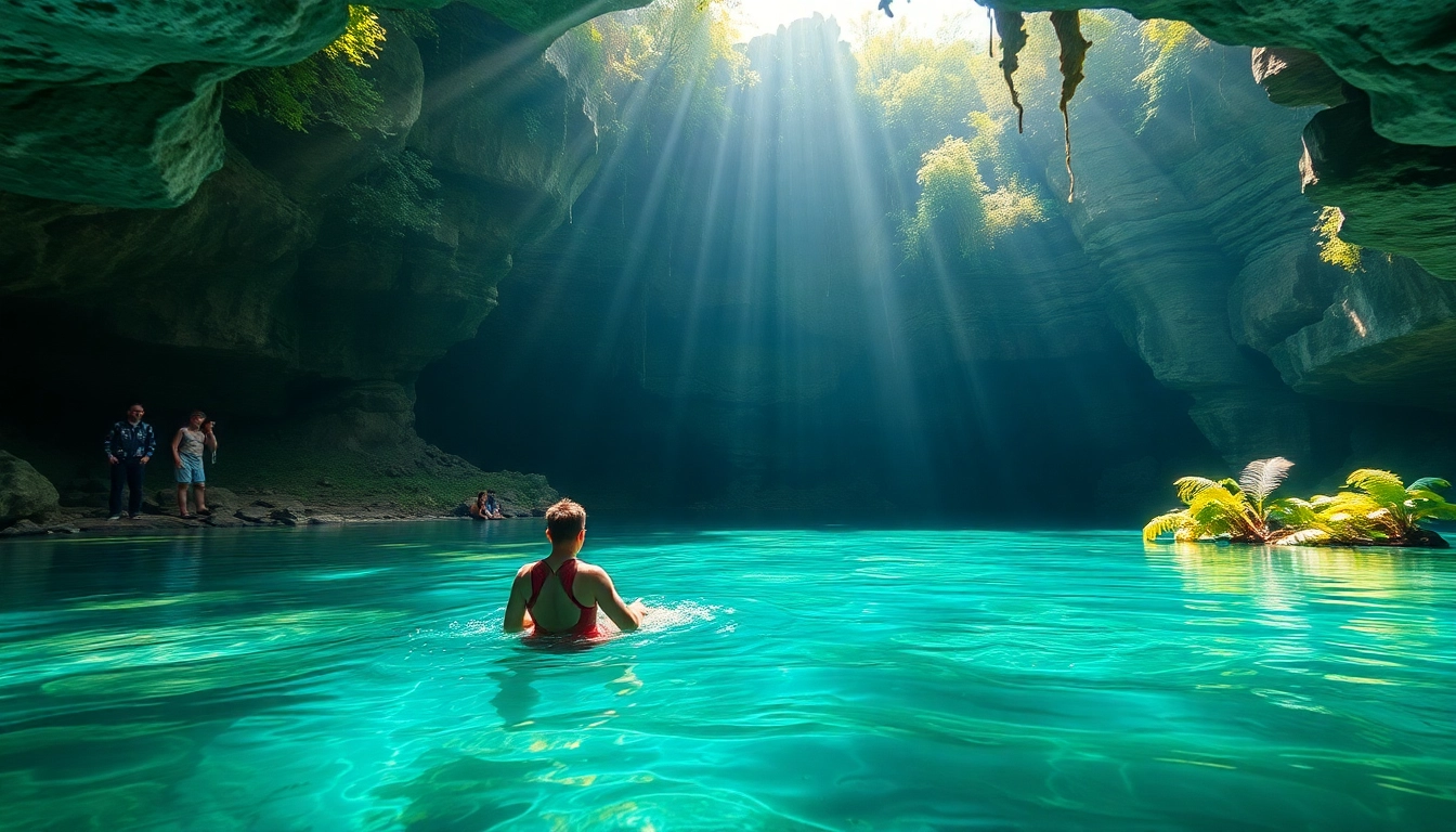 Tauchen Cenotes: Taucher erkundet die atemberaubenden Höhlenlandschaften unter Wasser.