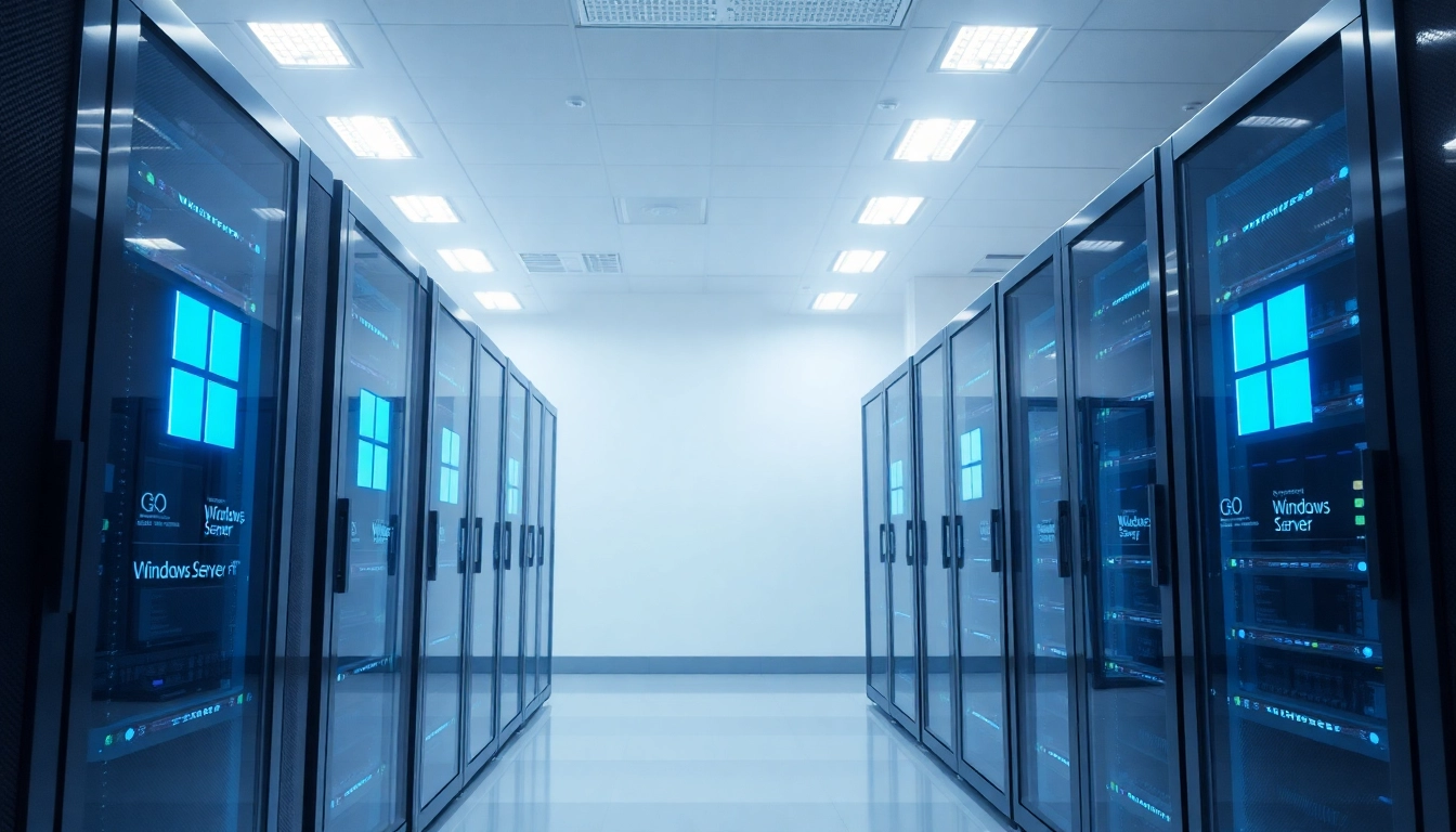 Serverumgebung mit Microsoft Windows Server 2025 CAL auf Monitoren, futuristisch gestaltet.