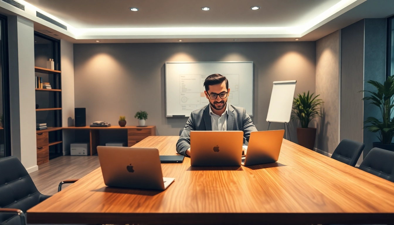 Headhunter arbeitet konzentriert an einem Laptop in einem modernen Büro-Setting.