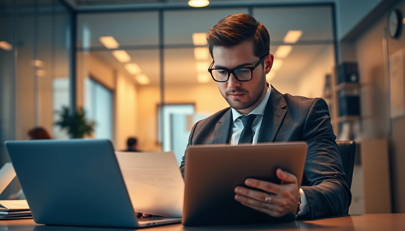 Headhunter Braunschweig bei der Durchsicht von Lebensläufen in einem modernen Büro, umgeben von Aktenschränken und einem Laptop.