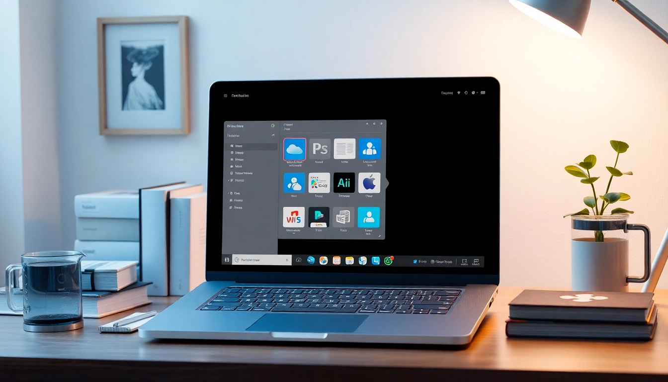Entdecken Sie die Benutzeroberfläche von Office für macOS 26 Tohoe auf einem eleganten Laptop in einem modernen Büro.