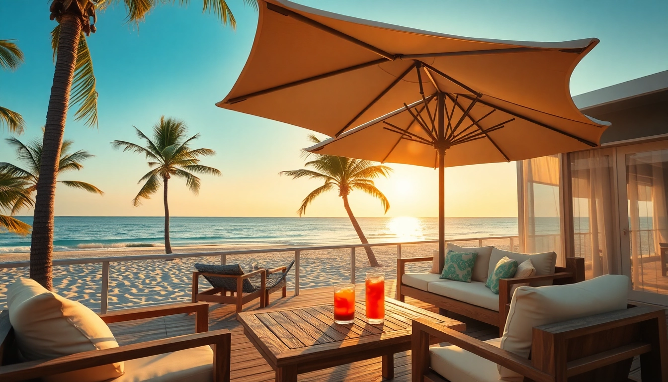 Genieße die entspannte Atmosphäre einer Küsten-Cabana mit einem Sonnenschirm und Teakholzmöbeln am Strand.