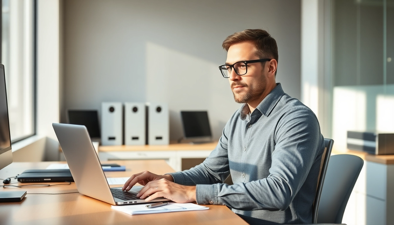 Headhunter IT analysiert Bewerbungen vor einem modernen Büro.