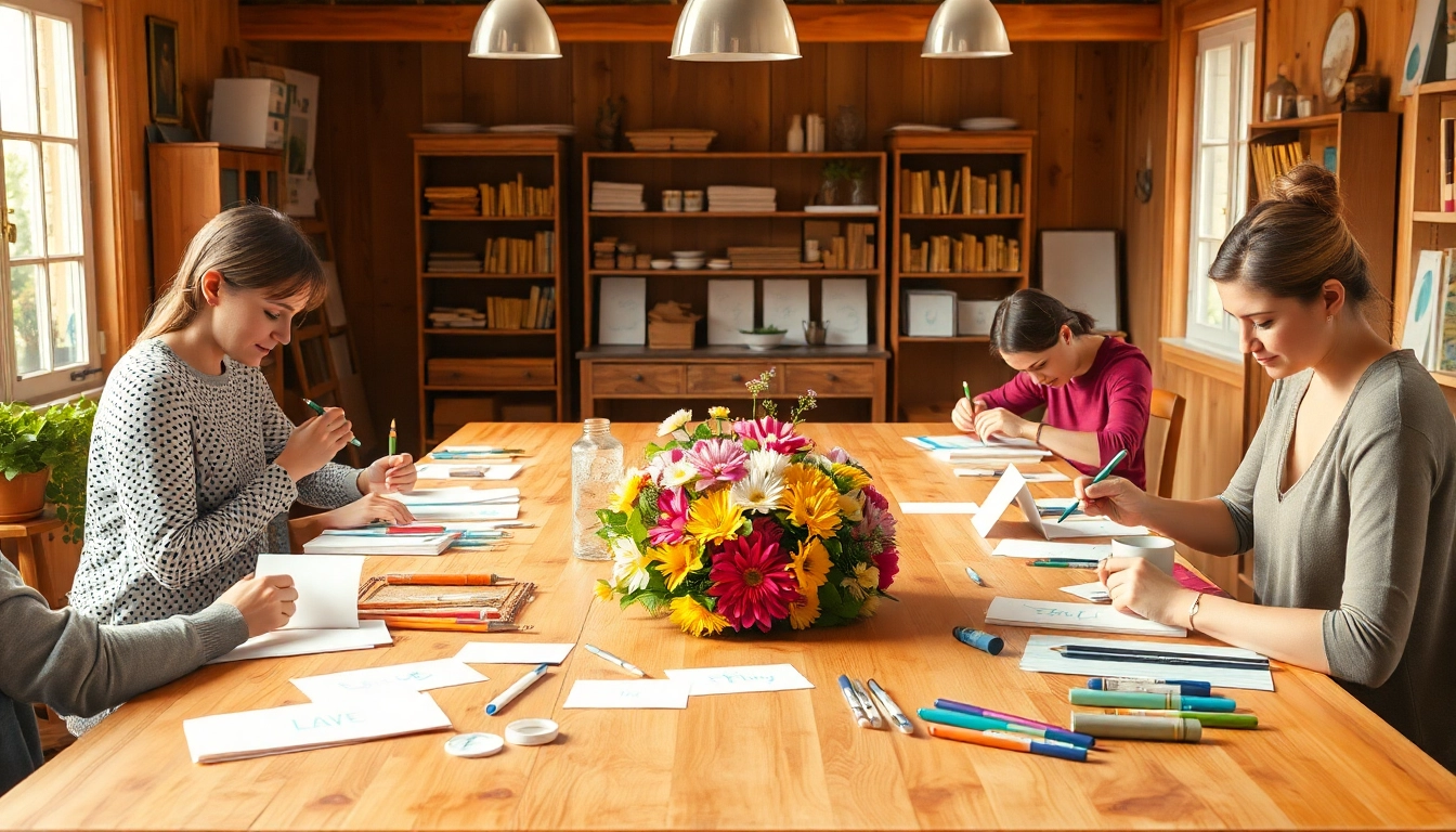 Kartengestalten in einer kreativen Arena mit inspirierenden Materialien und floralen Akzenten.