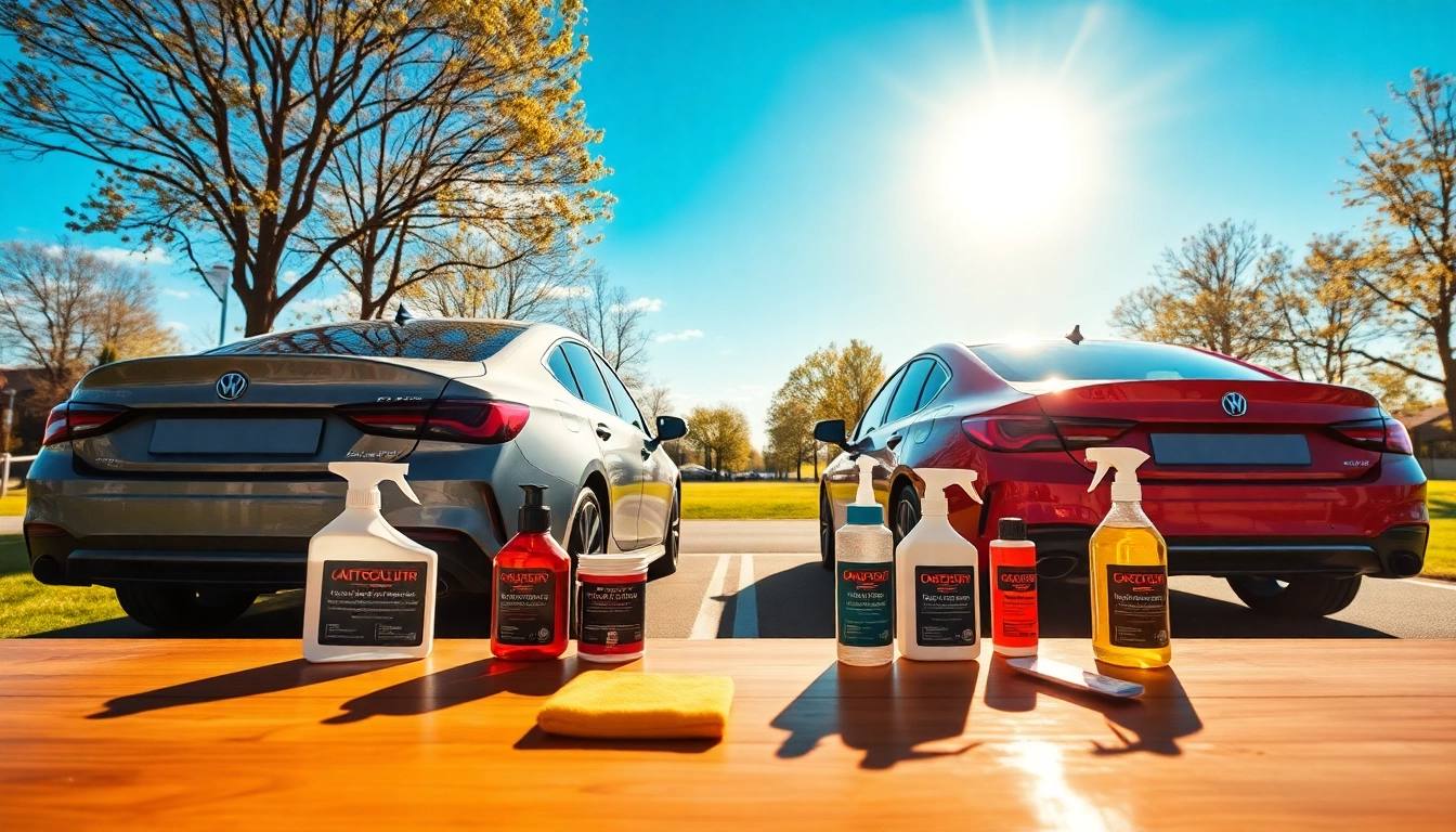 Glänzendes Auto, das zeigt, warum man Autopolitur kaufen sollte - perfekter Lack und Pflegeprodukte im Vordergrund.