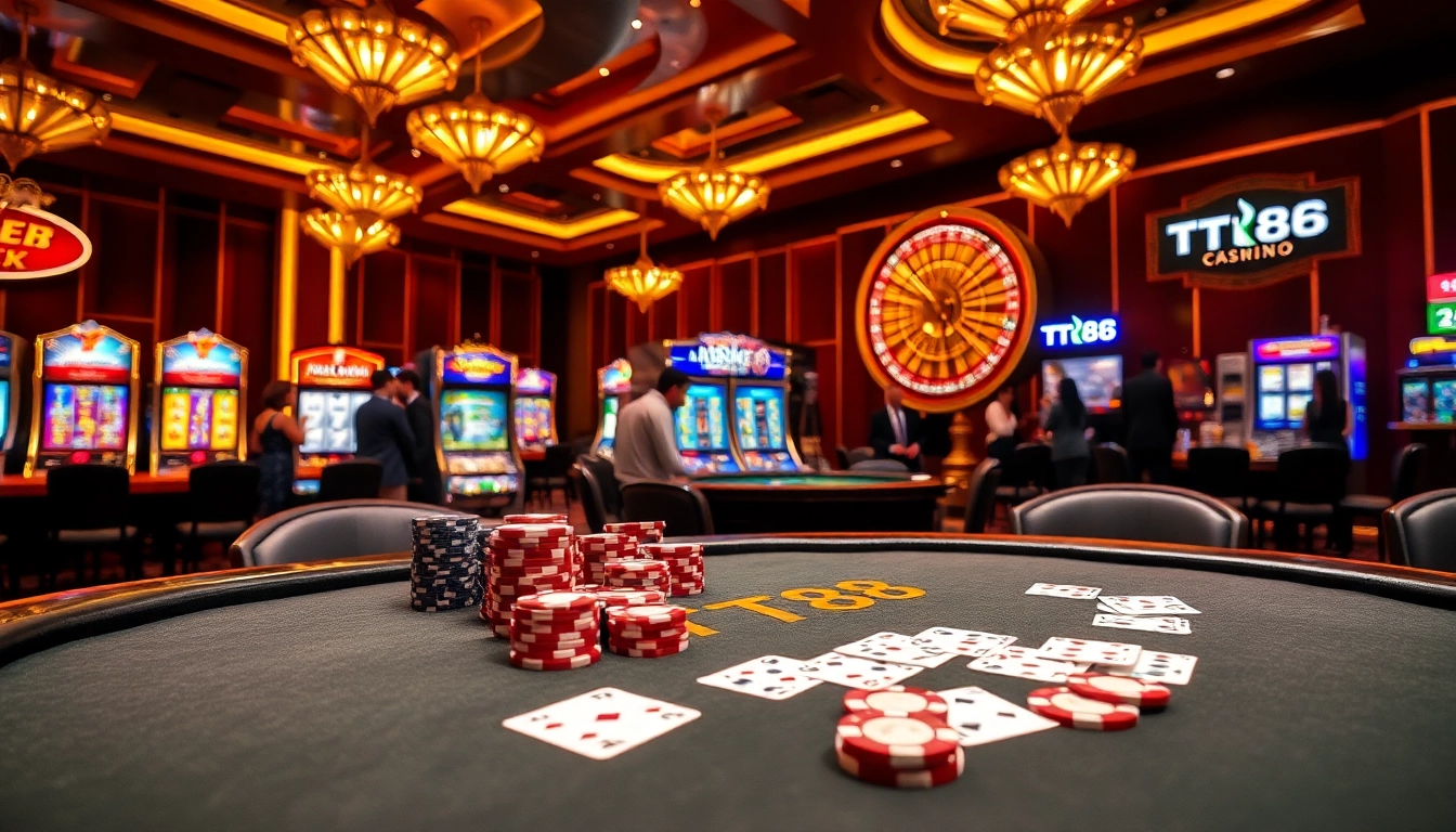 Experience the exhilarating atmosphere at TT88 casino with poker tables and lively games.