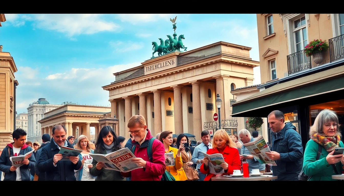 Faszinierende Straßenansicht in Berlin mit Menschen, die Berlin Nachrichten aktuell verfolgen.